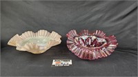 Pink and Cranberry Painted Ruffled Glass Bowls