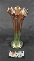 Northwood Green Carnival Glass Thin Rib Vase