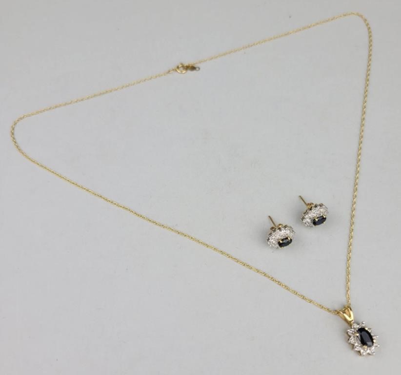 14K Gold, Sapphire & Diamond Necklace & Earrings.