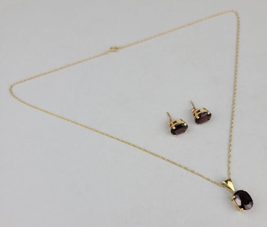 14K Gold & Garnet Necklace & Earrings.