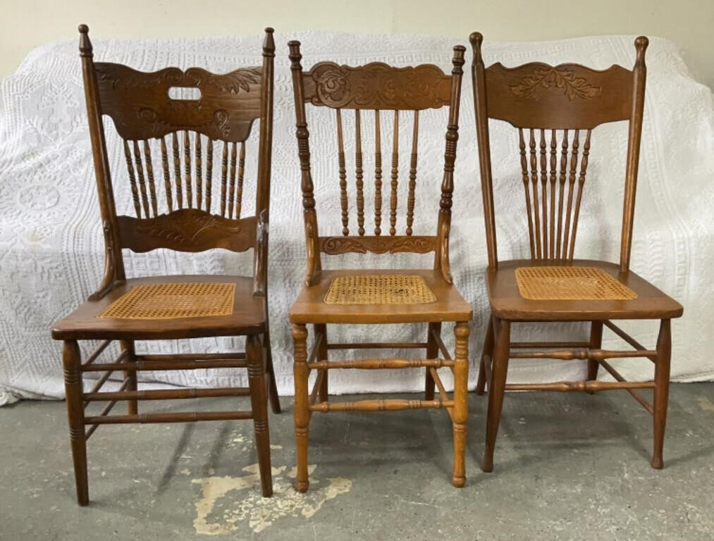 Three Vintage Cane Seat Pressed Back Chairs