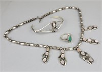 Sterling Necklace & Ring, Silver Toned Bracelet.