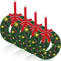 4 Set LED Xmas Wreath w/ Red Bow (16 Inch)