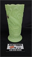 Fenton Lime Green Satin Glass Peacock Vase
