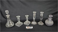 Clear Glass Candlestick Holders & Decanter
