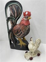 Wooden Rooster Statue and Plastic Rooster