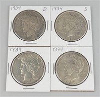 1934-D, 1934-S & 1934 (2) Silver Peace Dollars.