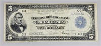 1918 Five Dollar Federal Reserve Phila Note.