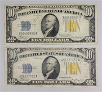2 1934-A Yellow Ten Dollar Silver Certificates.