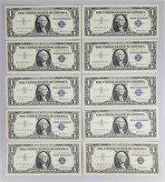 10 1957 One Dollar Silver Certificates.