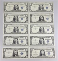10 1957 $1 Silver Certificates.