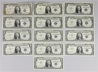 13 One Dollar Silver Certificates.