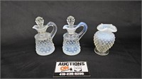 Fenton Opalescent Hobnail Cruets & Vase