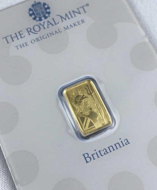 1g Gold Bar, Royal Mint Britannia Carded 999.9