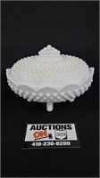Fenton Milk Glass Hobnail Oval Covered Candy Dish