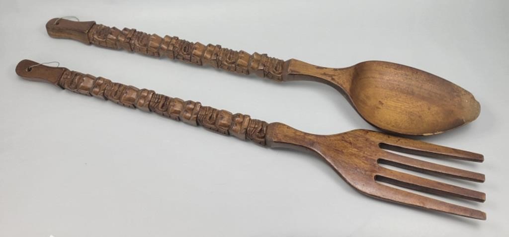 Giant Carved Hardwood Tiki Fork & Spoon.