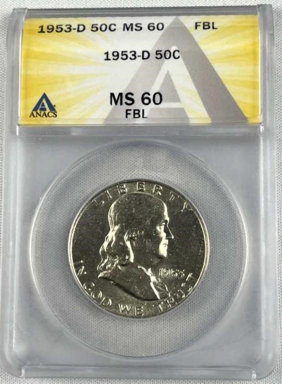 1953-D Franklin Silver Half MS60 FBL ANACS