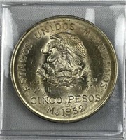 1952-Mo Mexico Silver 5 Pesos, BU w/ Luster