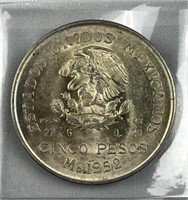 1952-Mo Mexico Silver 5 Pesos, BU w/ Luster