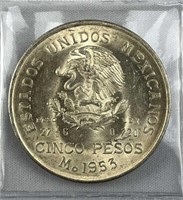 1953-Mo Mexico Silver 5 Pesos, BU w/ Luster