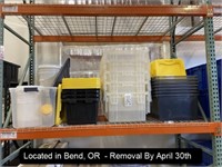 LOT, ASSORTED PLASTIC STORAGE BINS & BUCKETS IN