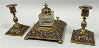 Victorian Brass Inkwell & Candle Holders.