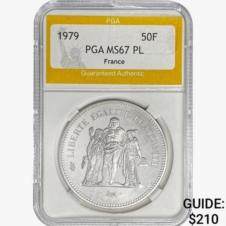 1979 France 50 Francs .8681oz. Silver PGA MS67 PL