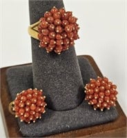 18k Gold Coral Cluster Ring & Earring Set