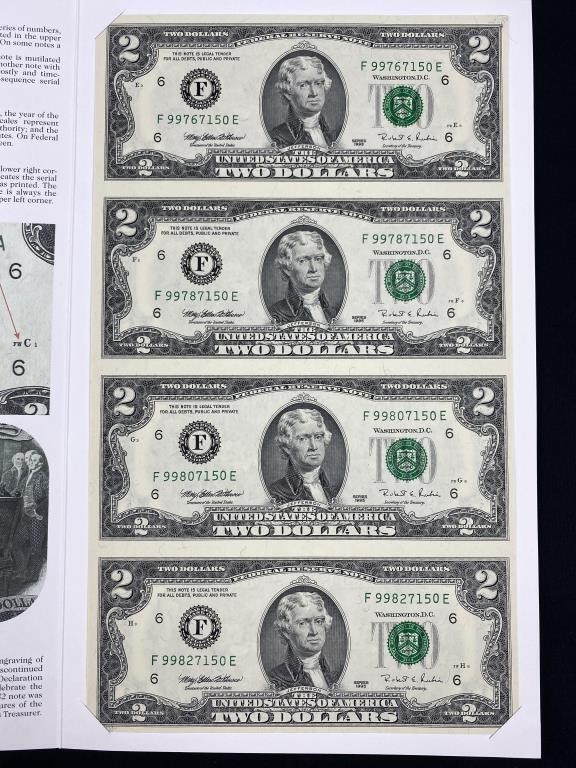 (4) 1995 US $2 Bills in Uncut Sheet Bureau Folio