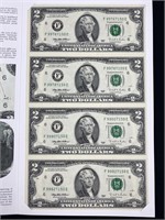 (4) 1995 US $2 Bills in Uncut Sheet Bureau Folio