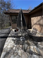 WROUGHT ITON PATIO TABLE AND CHAIRS WITH UMBRELLA