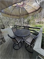 WROUGHT IRON PATIO TABLE WITH CHAIRS AND UMBRELLA