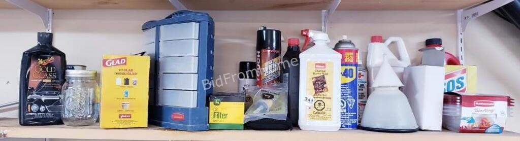 ASSORTED CLEANERS + PARTS BIN