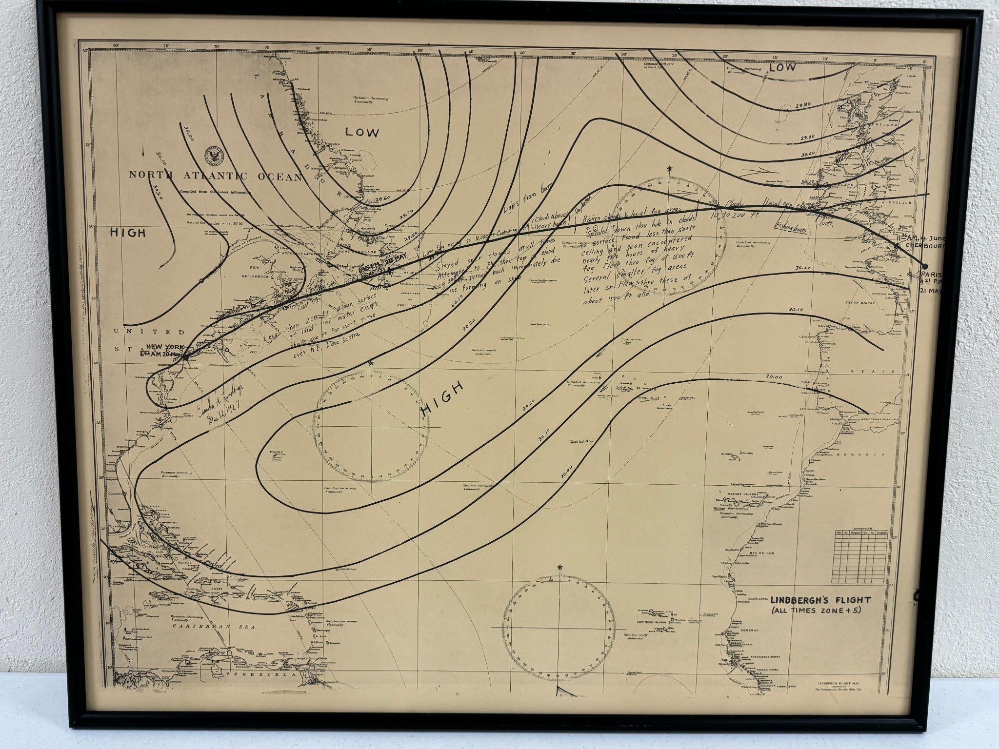 Lindberg Flight Map w/ Notes 24" x 29"
