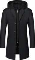 Mens Wool Trench Coat with Removable Hoodie. Black