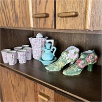 Ceramic Tea Pot, Ribbed Cups, Shoes