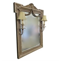 Ornate Mirror W/ 2 Lighted Sconces.