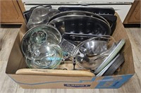 LARGE LOT POTS, PANS AND KITCHEN WARE