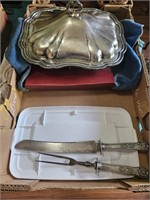 SILVER PLATE COVERED DISH, FLATWARE&CARVING SET