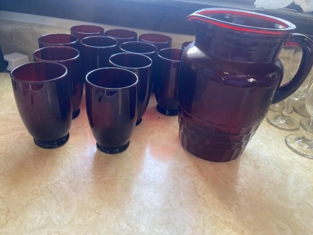 MCM Ruby red pitcher and glasses