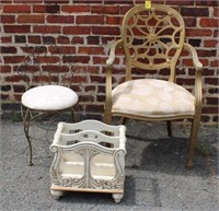 3pc Vintage Vanity Stool, Arm Chair, French