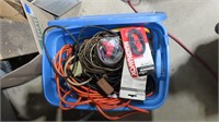 tote of wires/extension cords/shop items