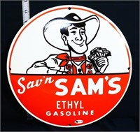 Porcelain round Sav'n Sams Gas sign