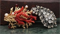 Swoboda Vintage Coral & Pearl/Star Leaf Brooch