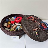 Wicker Basket W/ Sewing Supplies Thread