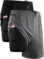 R7113  NELEUS 2 in 1 Workout Shorts, Black+Gray, 2