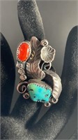 Sterling, Turquoise & Coral Ring Sz.6 3/4