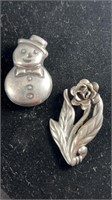 .925 Snowman & Sterling Rose Brooches