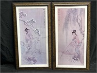 Pair of Asian Watercolor Paintings on Silk. 14x26