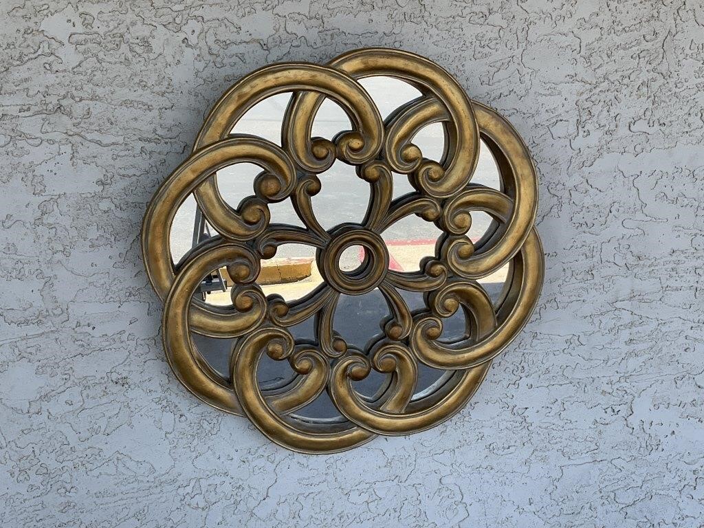Gold Wood Framed Mirror Wall Hanging 32in Diameter
